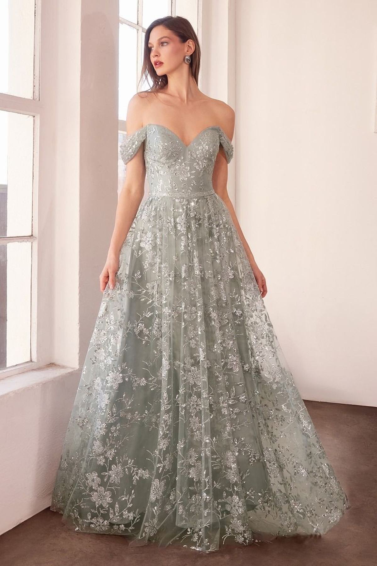 Ladivine Amoris T607 Glitter Print Off the Shoulder A-Line Prom Gown - Luzilly Bridal & Apparel