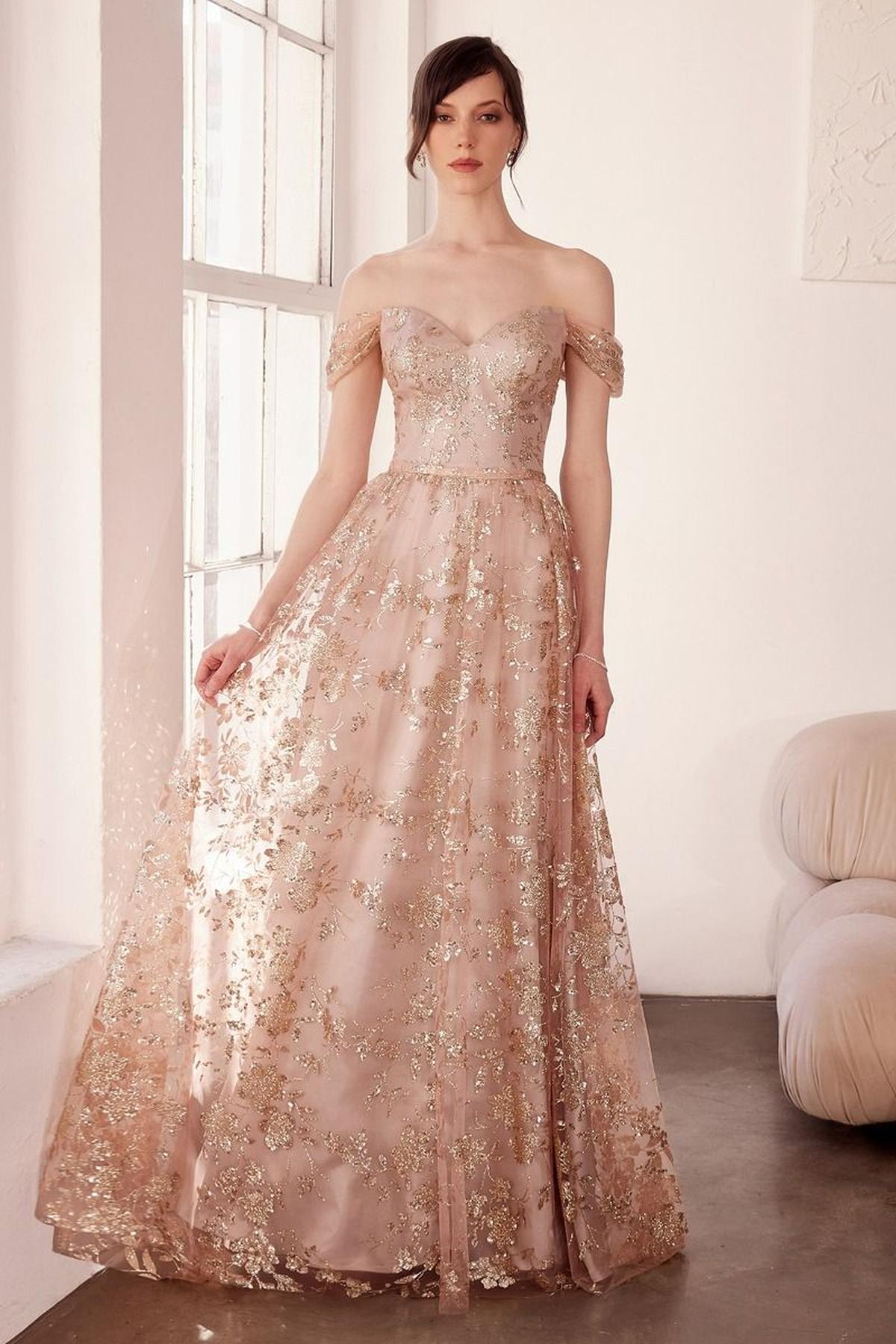 Ladivine Amoris T607 Glitter Print Off the Shoulder A-Line Prom Gown - Luzilly Bridal & Apparel