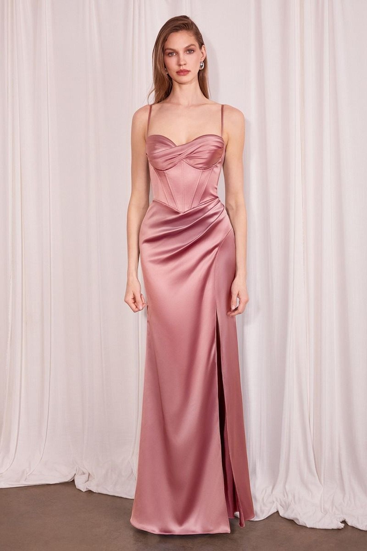 Ladivine Amoris T608 Long Fitted Satin Prom Gown Corset Bodice Slit - Luzilly Bridal & Apparel