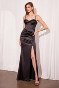 Ladivine Amoris T608 Long Fitted Satin Prom Gown Corset Bodice Slit - Luzilly Bridal & Apparel
