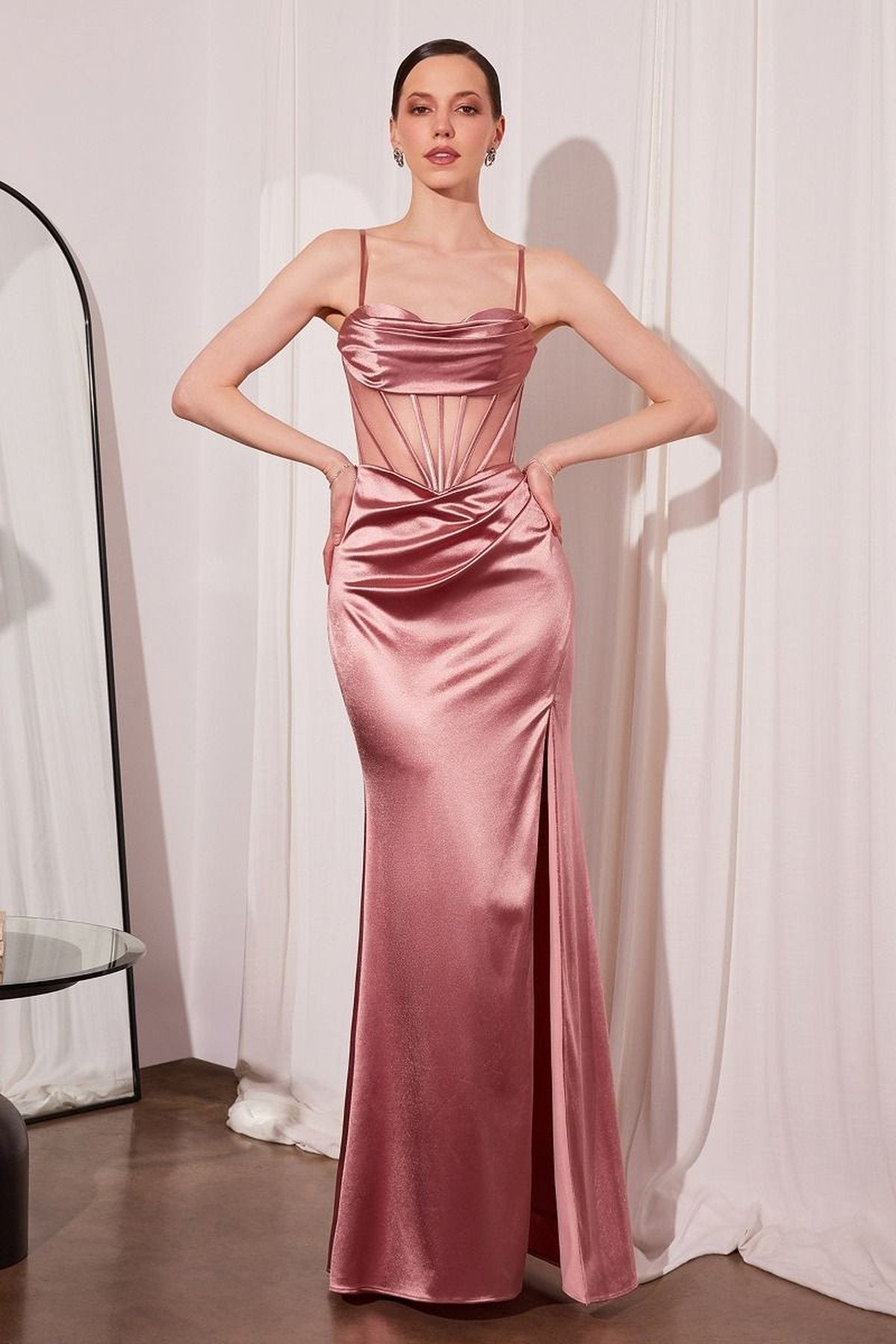 Ladivine Amoris T812 Long Fitted Sheer Bodice Cowl Neck Satin Prom Dress - Luzilly Bridal & Apparel