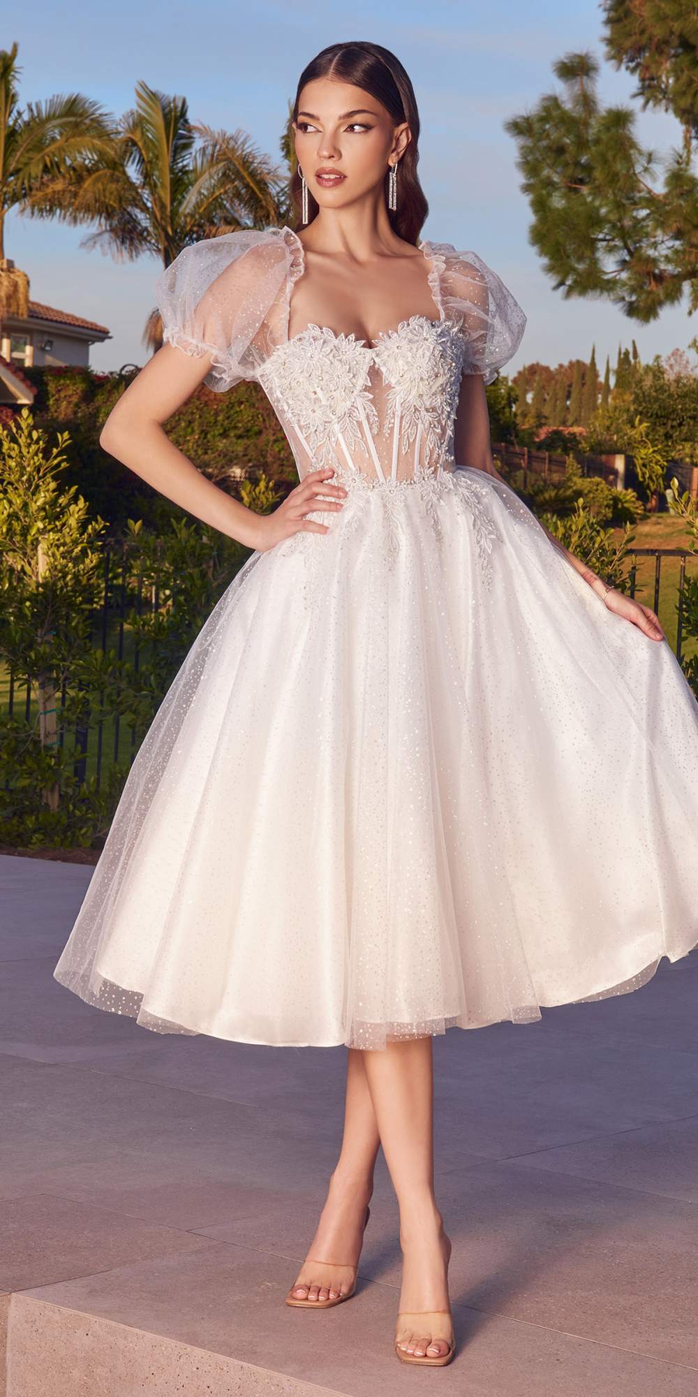 Ladivine CD0187W Tea Length Layered Tulle Dress with Short Puff Sleeves - Luzilly Bridal & Apparel