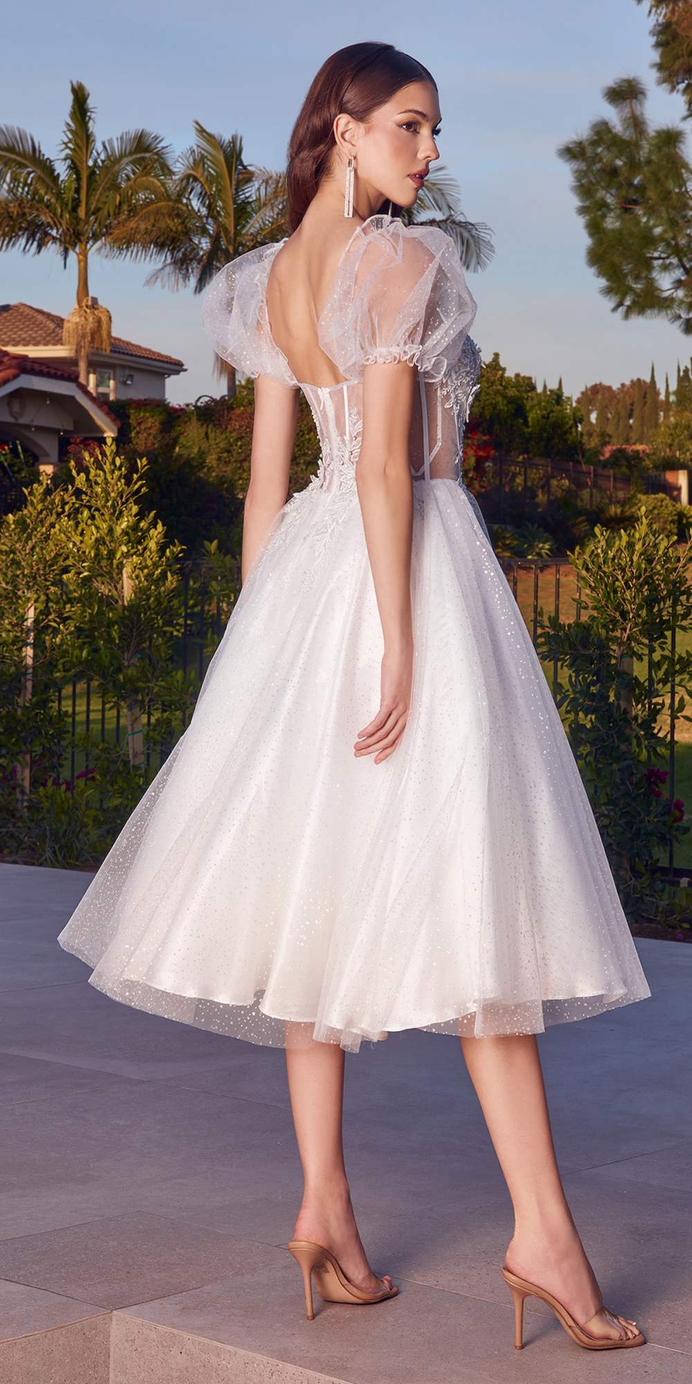 Ladivine CD0187W Tea Length Layered Tulle Dress with Short Puff Sleeves - Luzilly Bridal & Apparel