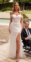 Ladivine CD0203W Long Off the Shoulder Sequin Wedding Gown with Slit - Luzilly Bridal & Apparel