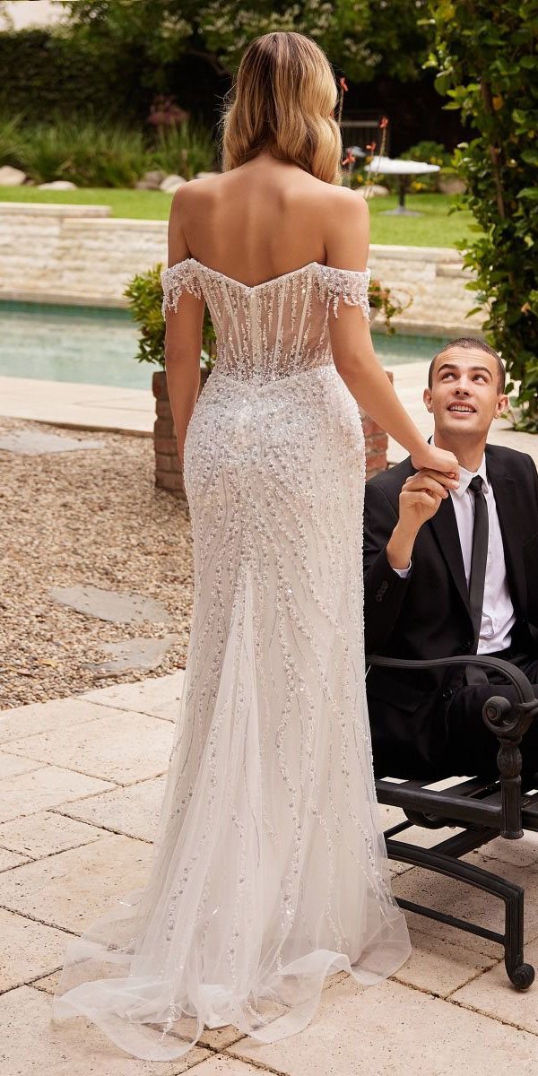 Ladivine CD0203W Long Off the Shoulder Sequin Wedding Gown with Slit - Luzilly Bridal & Apparel