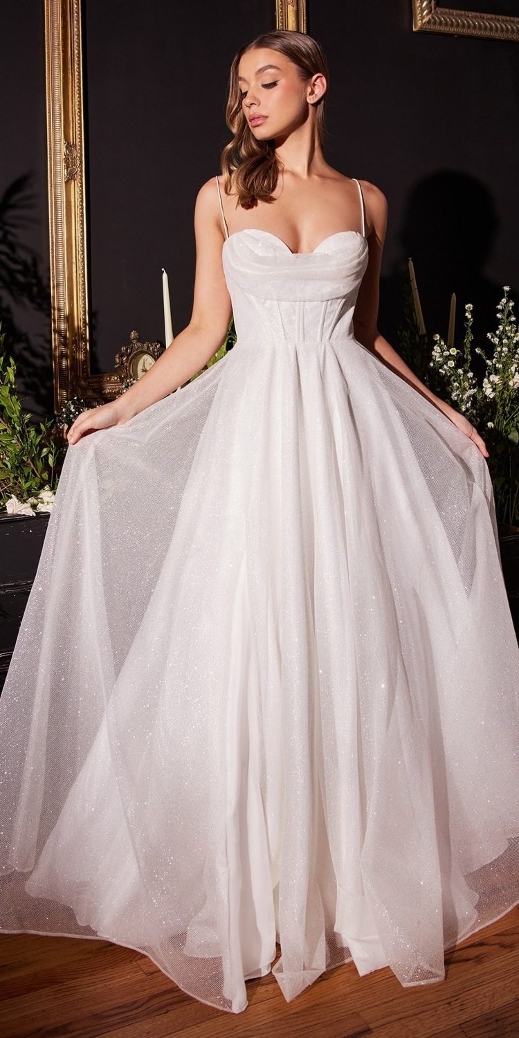Ladivine CD253W Long Glitter Flocked Bridal Gown with Slit - Luzilly Bridal & Apparel