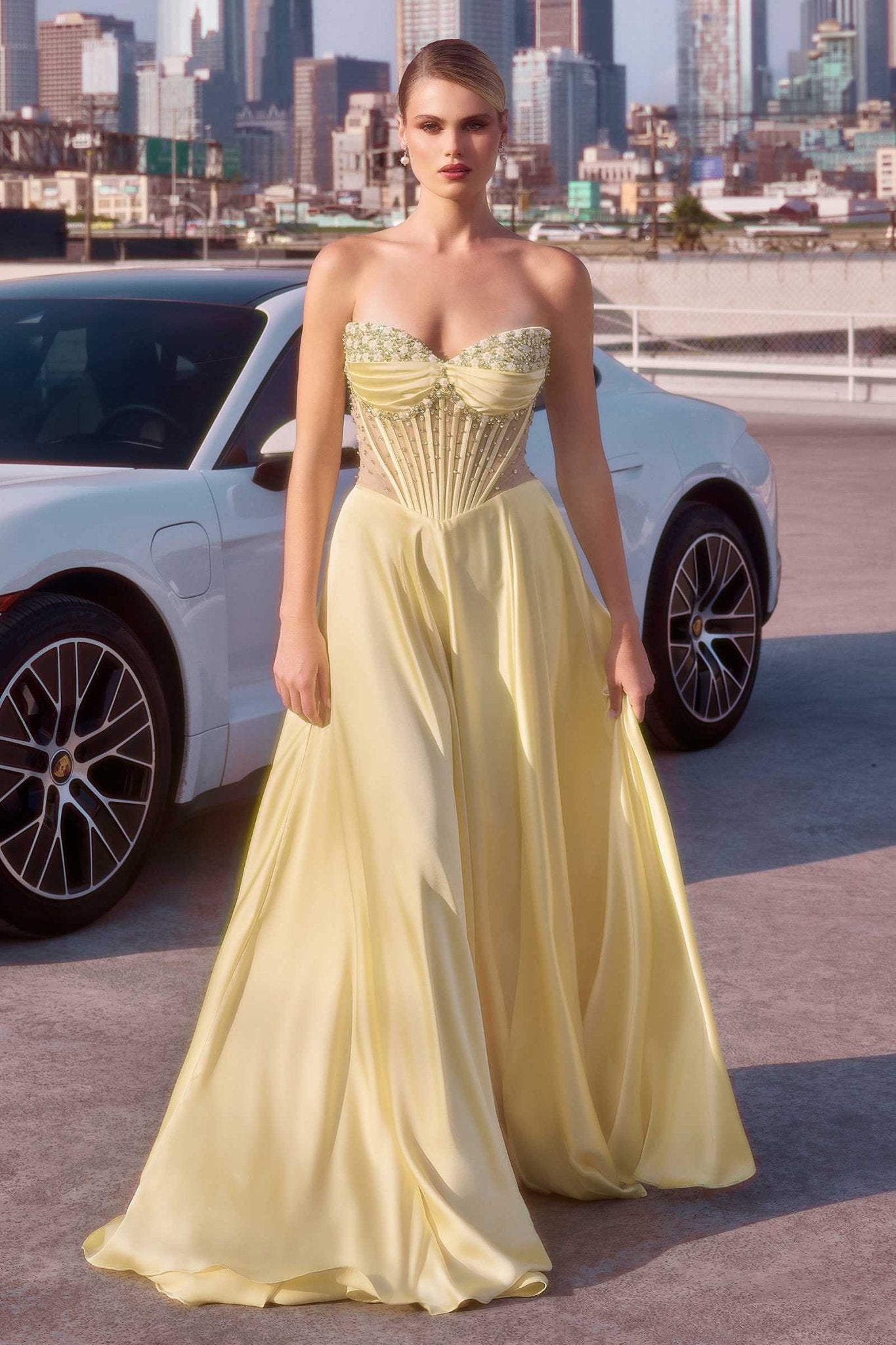 Ladivine CD297 Dress Strapless Beaded Satin A-Line Prom Gown - Luzilly Bridal & Apparel