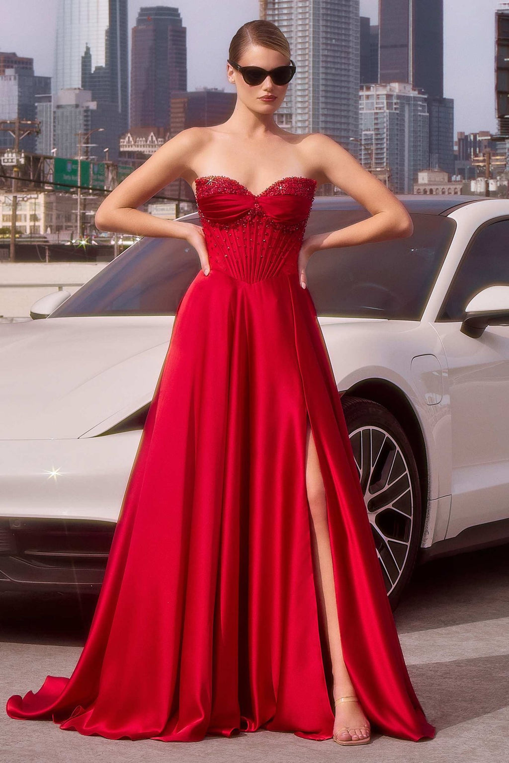Ladivine CD297 Dress Strapless Beaded Satin A-Line Prom Gown - Luzilly Bridal & Apparel