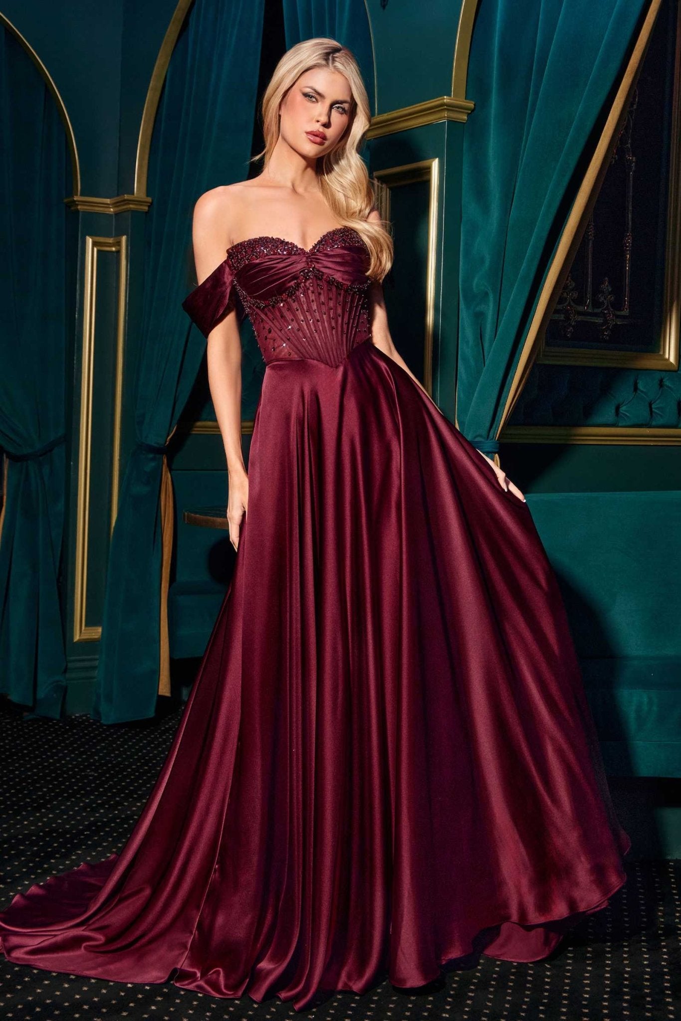 Ladivine CD297 Dress Strapless Beaded Satin A-Line Prom Gown - Luzilly Bridal & Apparel