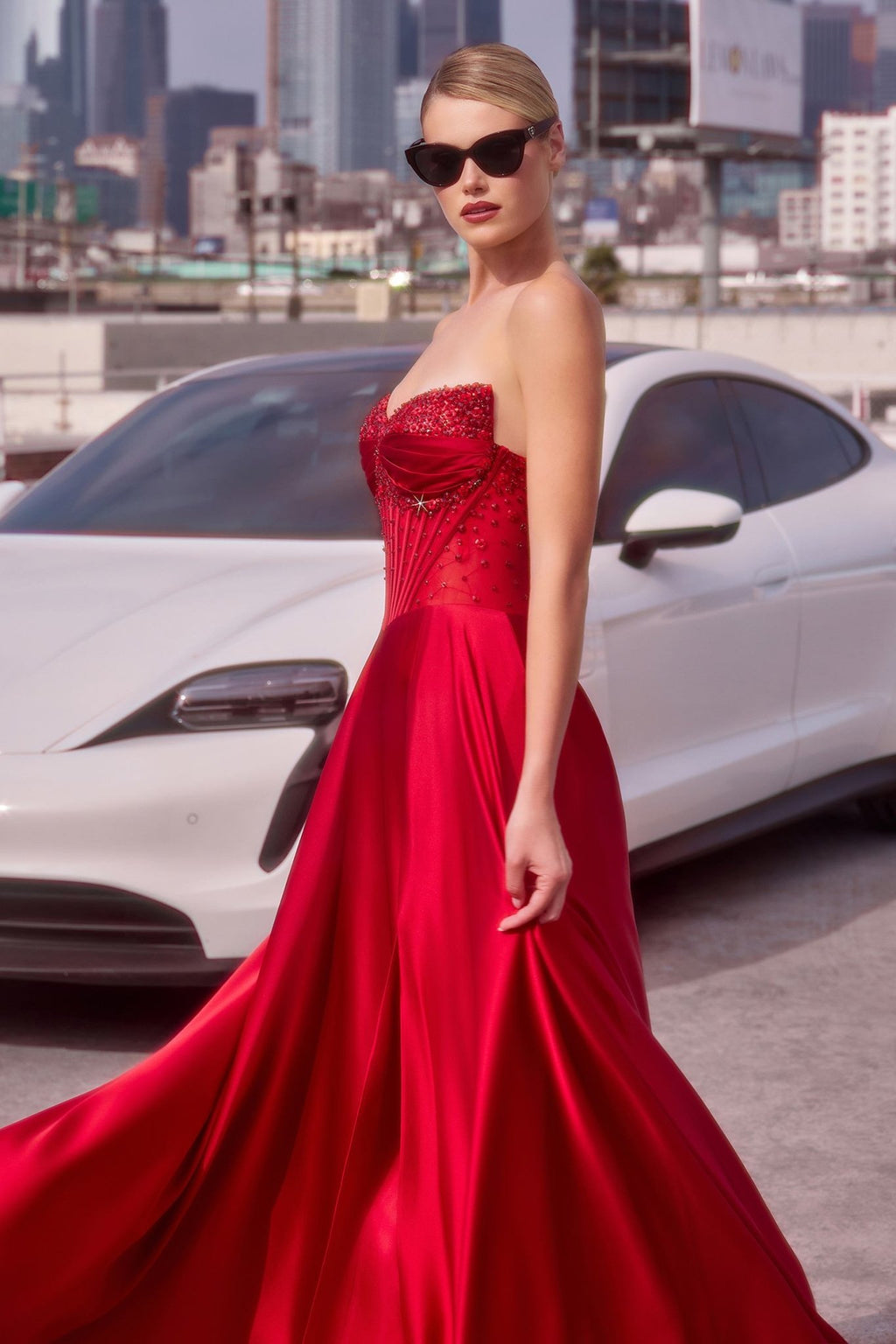 Ladivine CD297 Dress Strapless Beaded Satin A-Line Prom Gown - Luzilly Bridal & Apparel