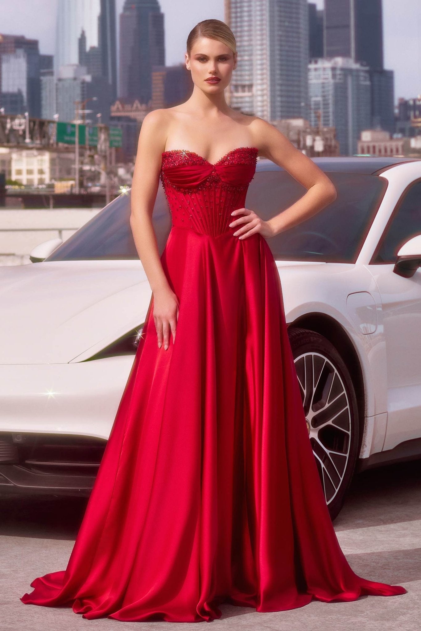Ladivine CD297 Dress Strapless Beaded Satin A-Line Prom Gown - Luzilly Bridal & Apparel