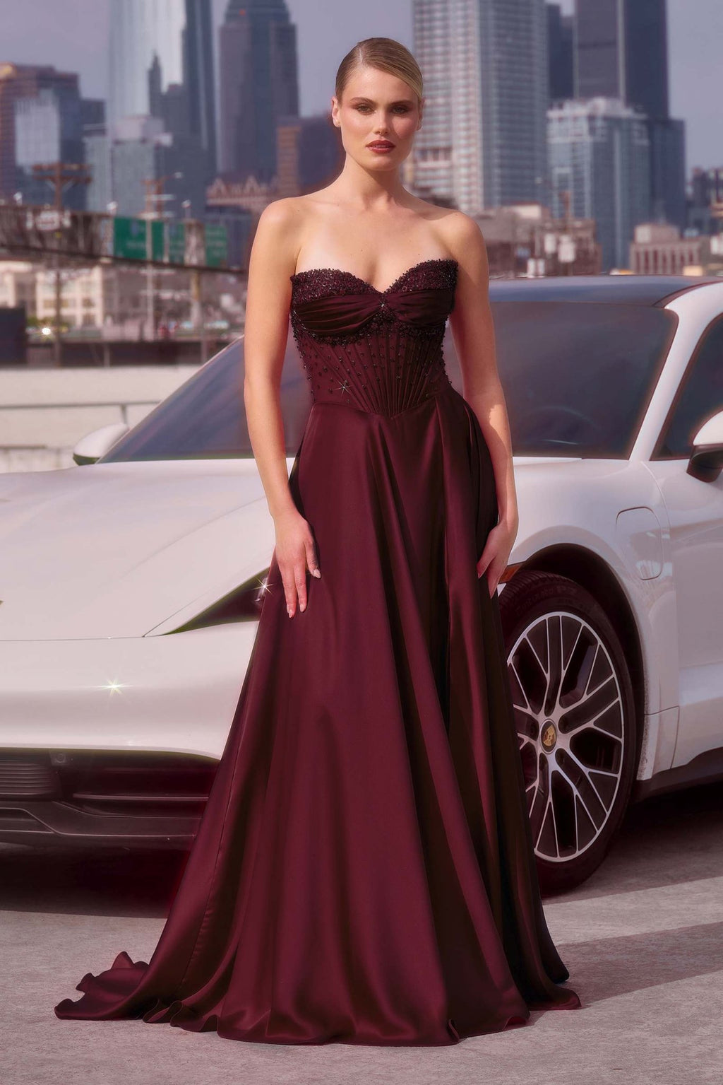 Ladivine CD297 Dress Strapless Beaded Satin A-Line Prom Gown - Luzilly Bridal & Apparel