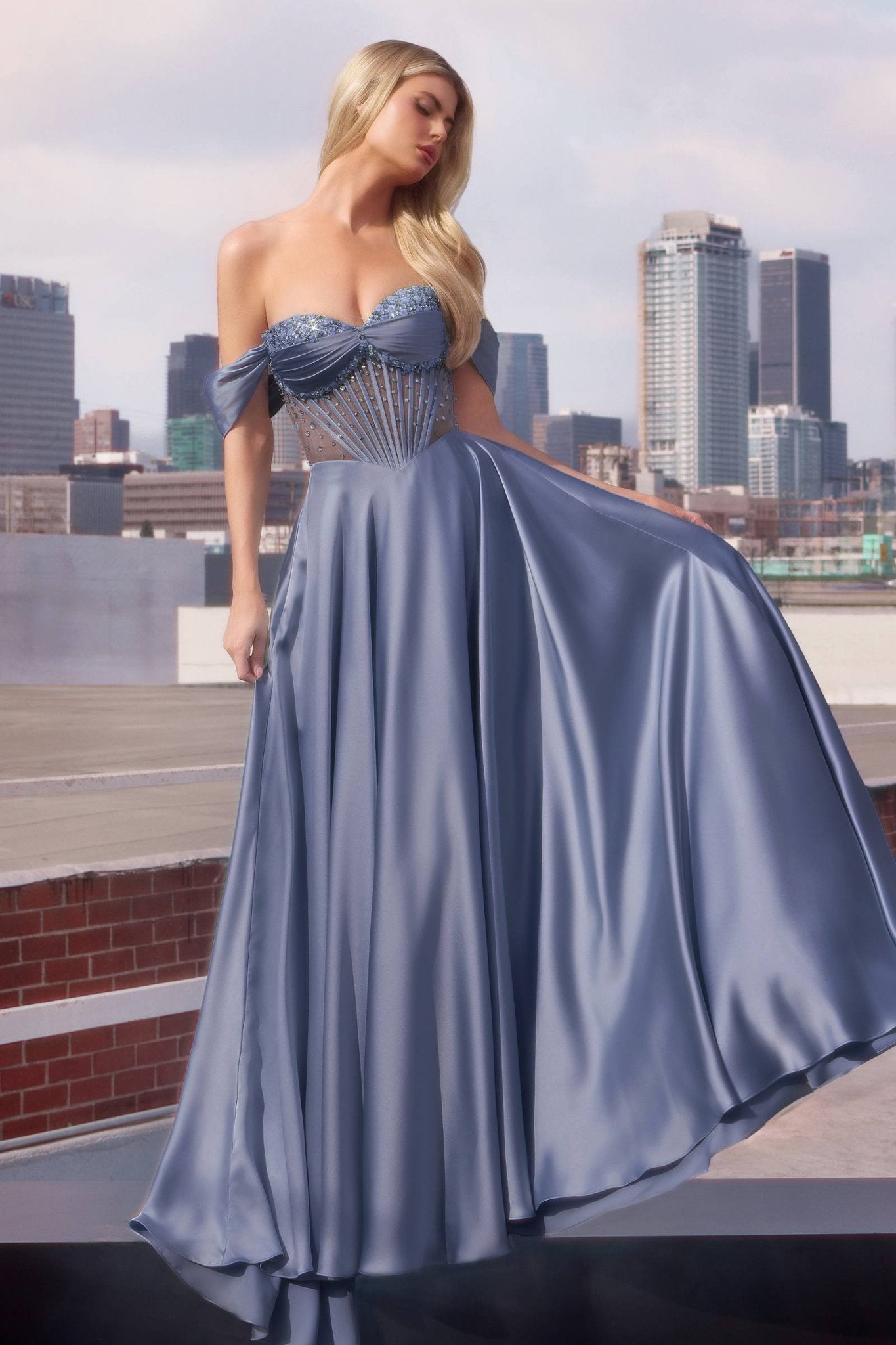 Ladivine CD297 Dress Strapless Beaded Satin A-Line Prom Gown - Luzilly Bridal & Apparel