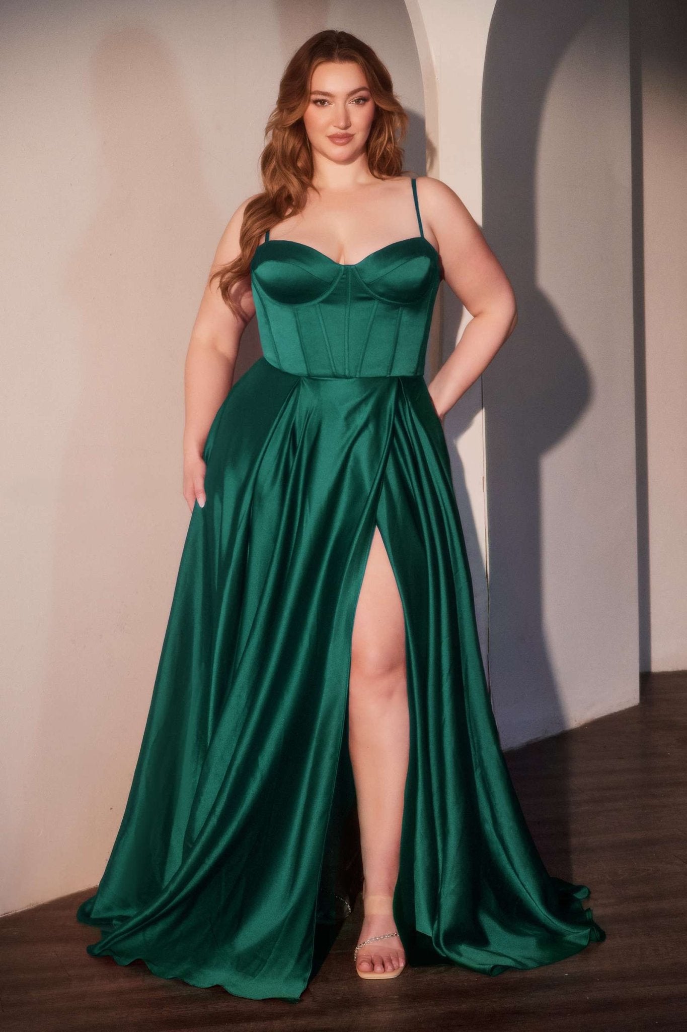Ladivine CD337C Long A-Line Slit Satin Bustier Prom Dress - Luzilly Bridal & Apparel
