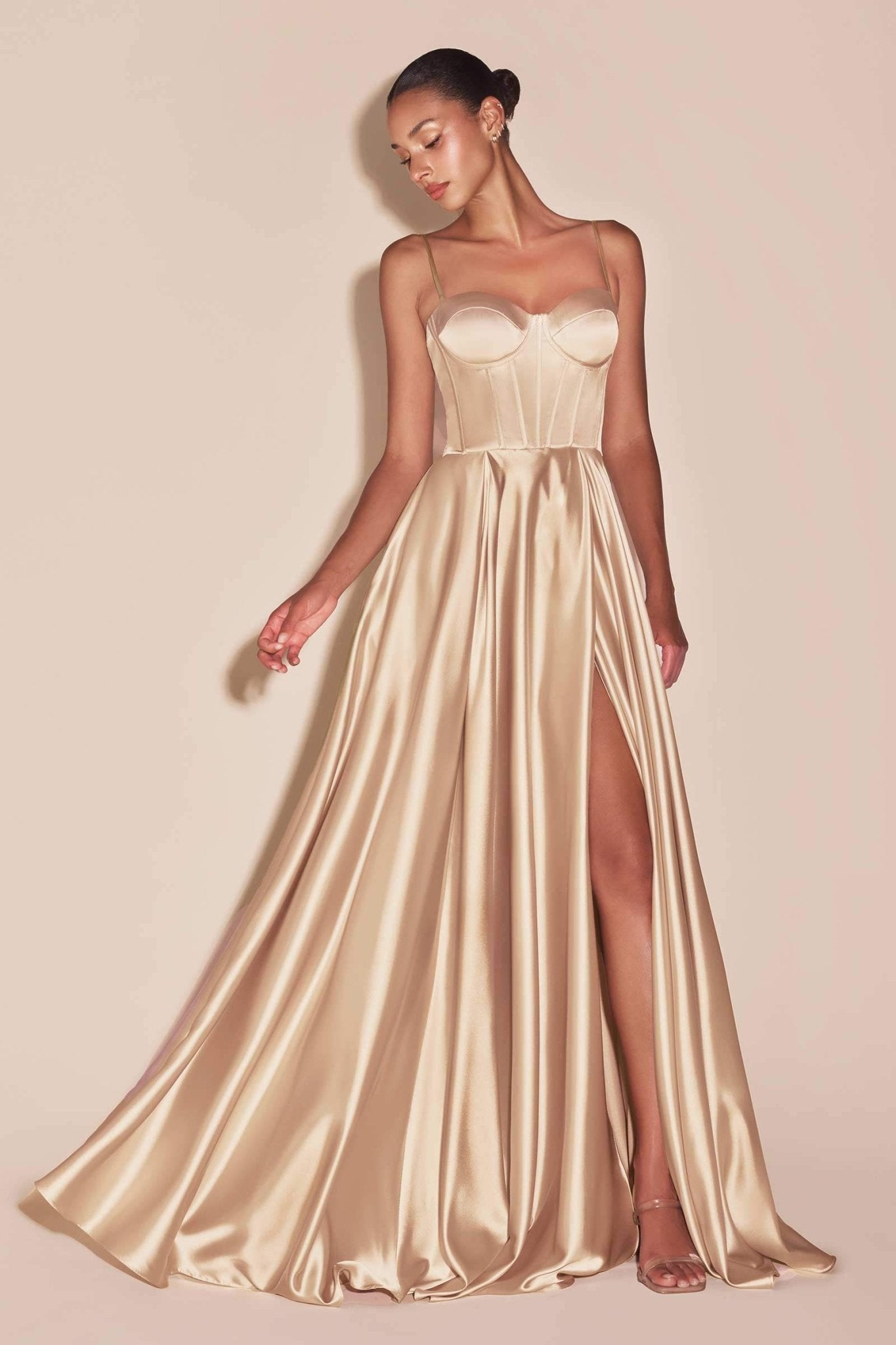 Ladivine CD337C Long A-Line Slit Satin Bustier Prom Dress - Luzilly Bridal & Apparel
