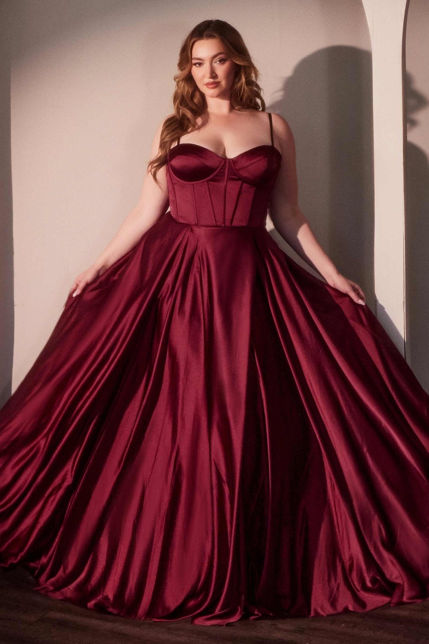 Ladivine CD337C Long A-Line Slit Satin Bustier Prom Dress - Luzilly Bridal & Apparel