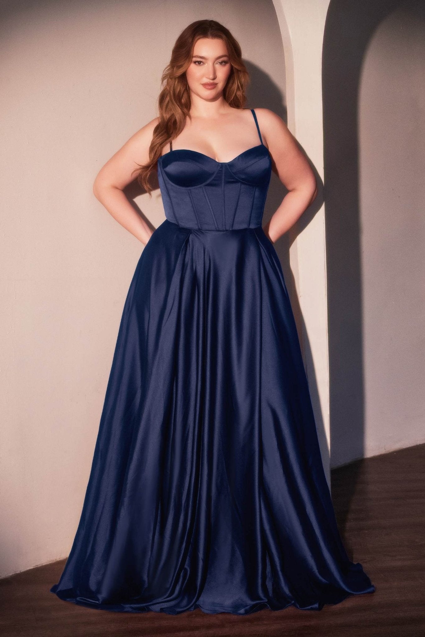 Ladivine CD337C Long A-Line Slit Satin Bustier Prom Dress - Luzilly Bridal & Apparel