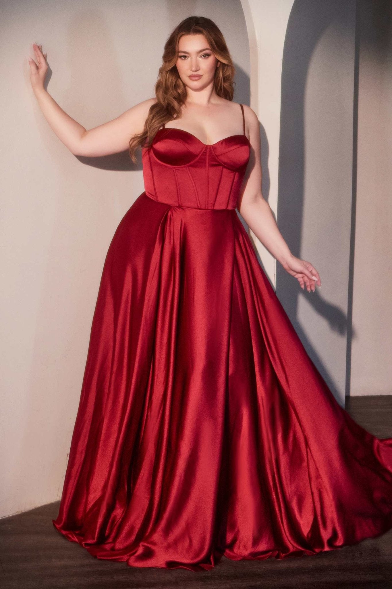 Ladivine CD337C Long A-Line Slit Satin Bustier Prom Dress - Luzilly Bridal & Apparel