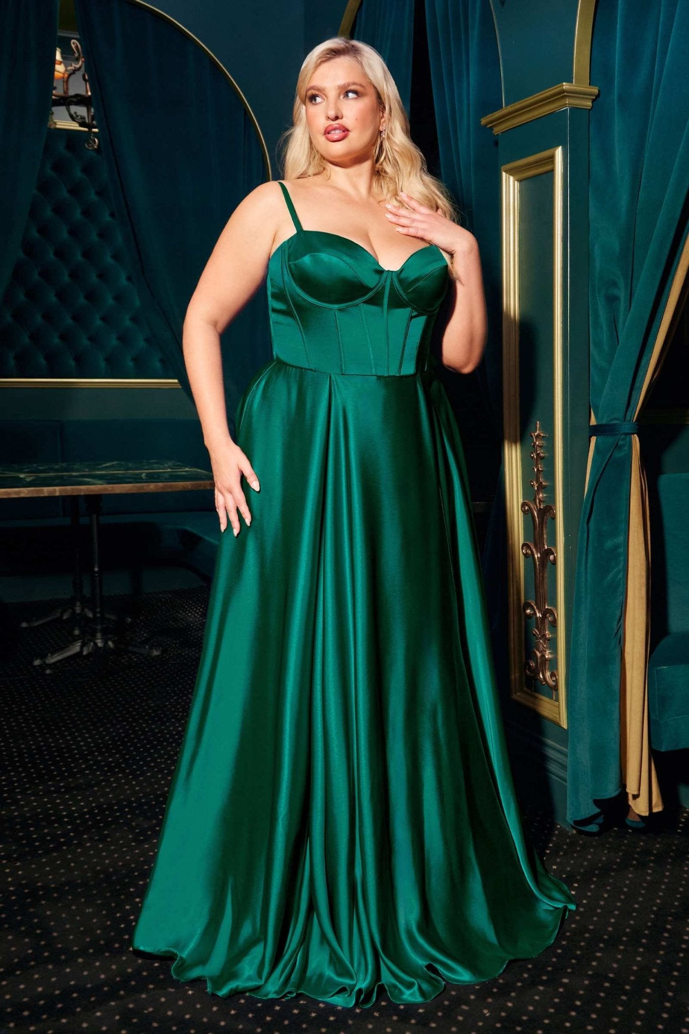 Ladivine CD337C Long A-Line Slit Satin Bustier Prom Dress - Luzilly Bridal & Apparel