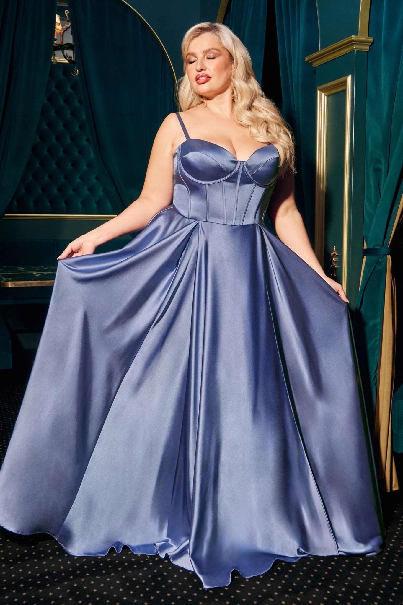 Ladivine CD337C Long A-Line Slit Satin Bustier Prom Dress - Luzilly Bridal & Apparel