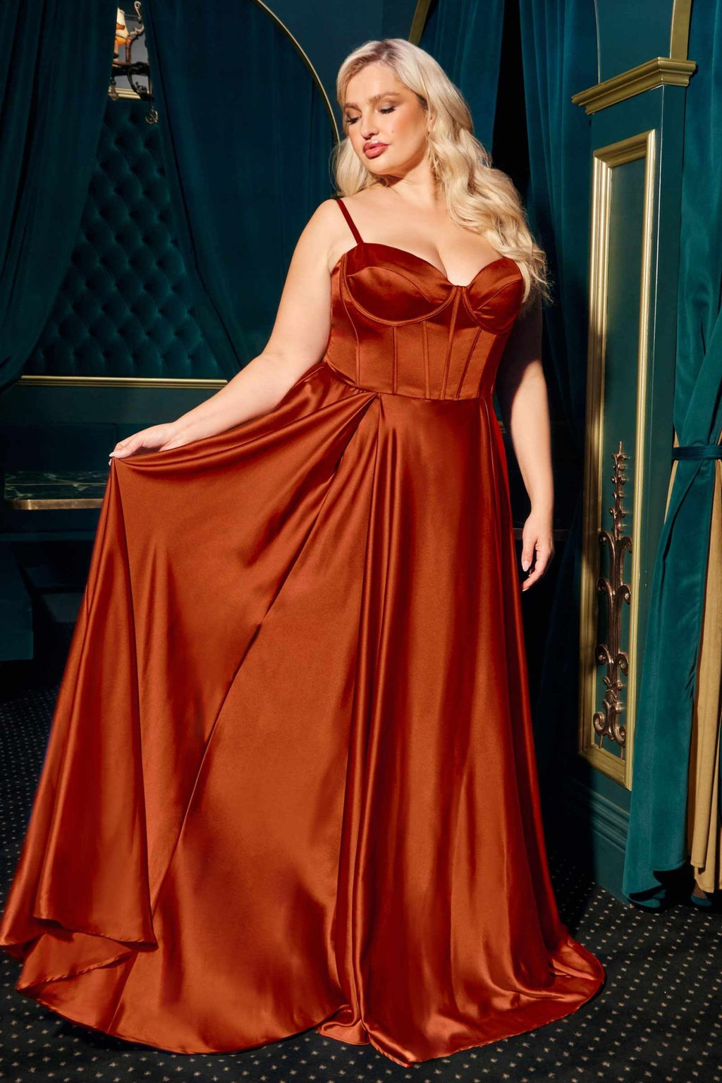 Ladivine CD337C Long A-Line Slit Satin Bustier Prom Dress - Luzilly Bridal & Apparel