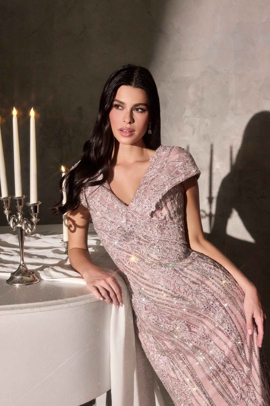 Ladivine CD698 Long Cap Sleeve Mother of the Bride V-Neckline Dress - Luzilly Bridal & Apparel