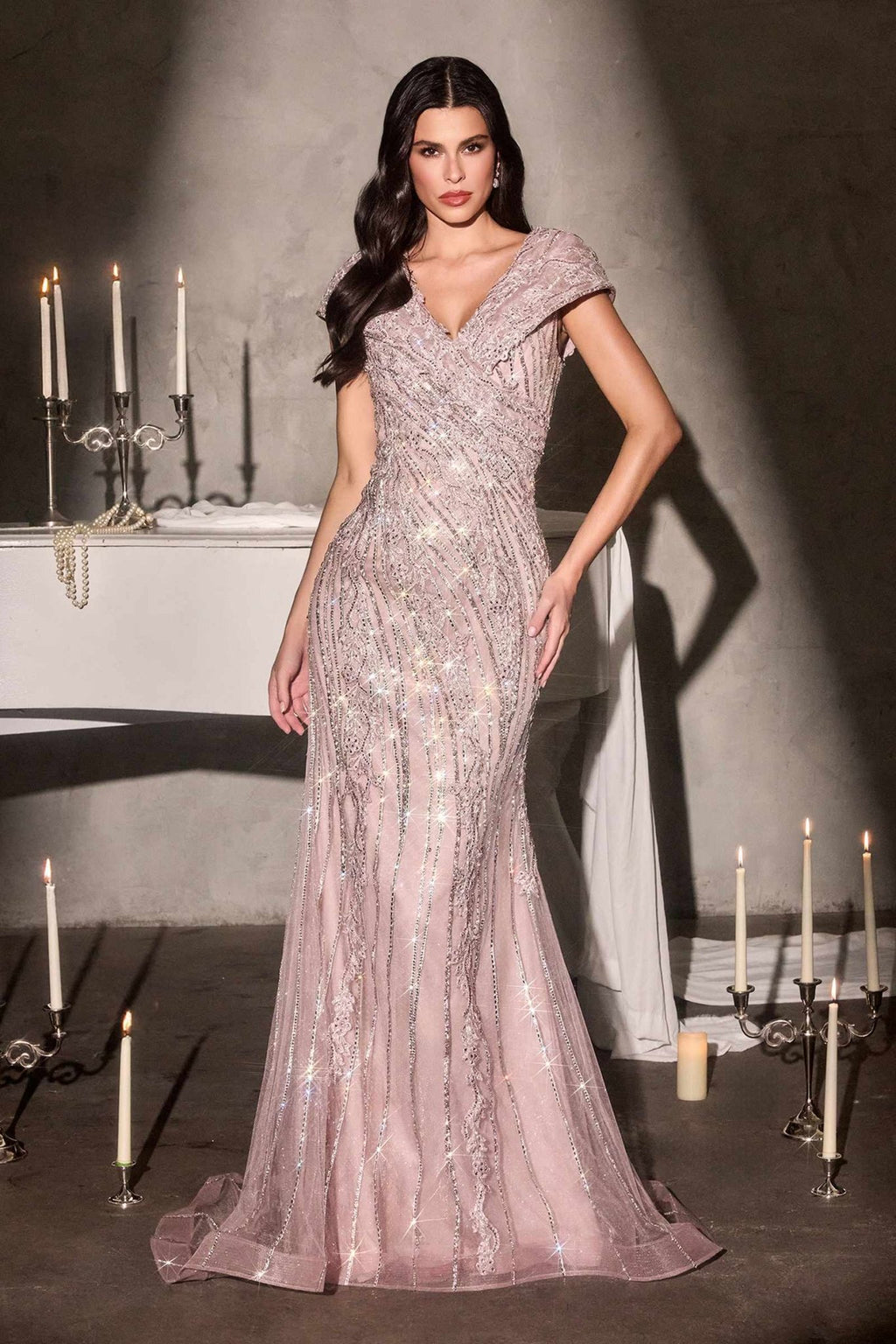 Ladivine CD698 Long Cap Sleeve Mother of the Bride V-Neckline Dress - Luzilly Bridal & Apparel