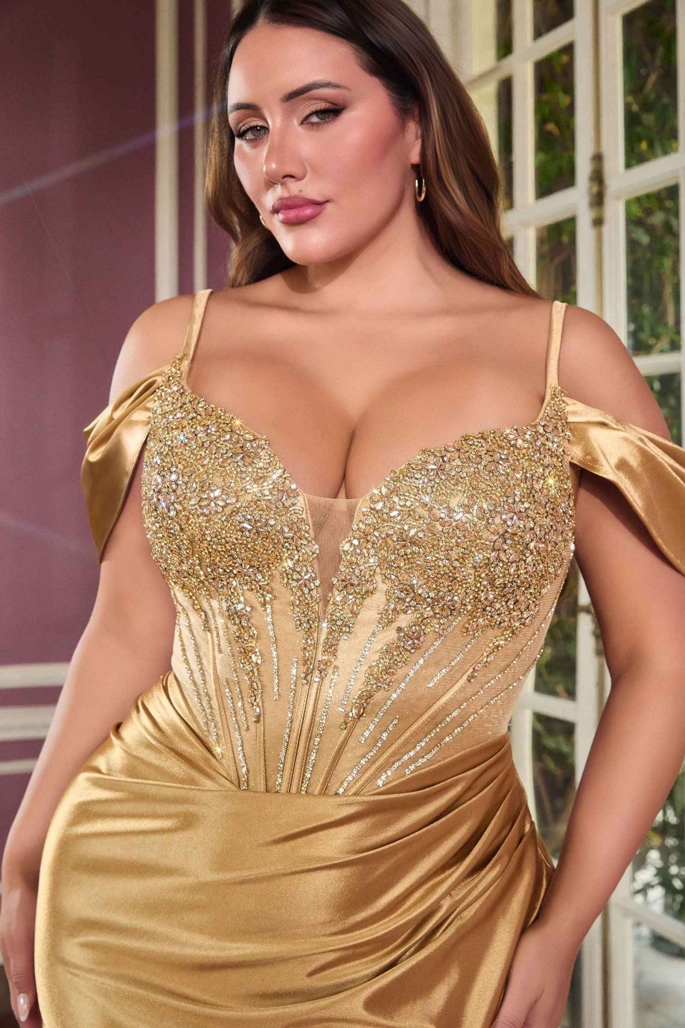 Ladivine CD729C Removable Off Shoulder Stretch Satin Plus Size Prom Gown - Luzilly Bridal & Apparel
