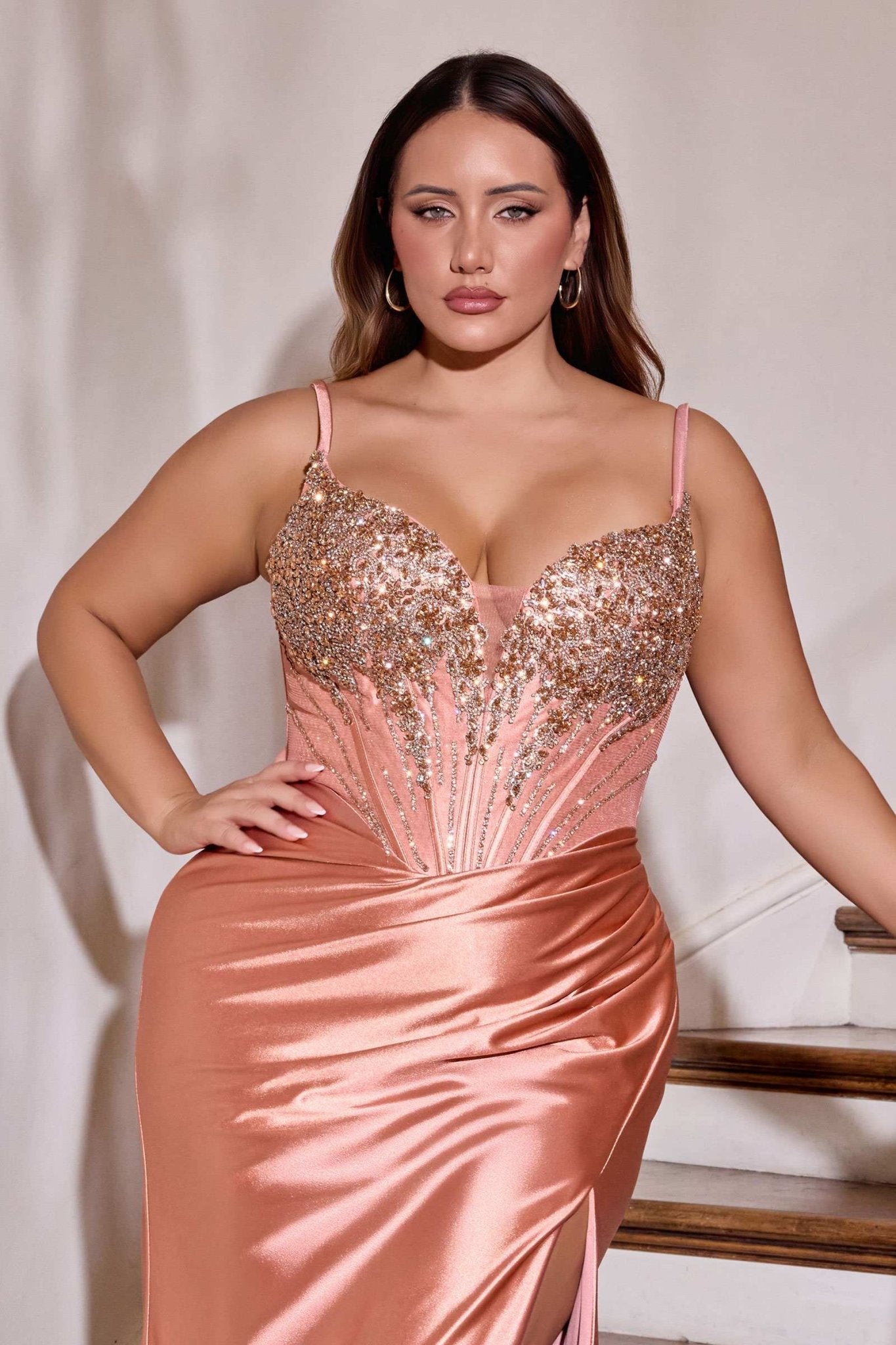 Ladivine CD729C Removable Off Shoulder Stretch Satin Plus Size Prom Gown - Luzilly Bridal & Apparel