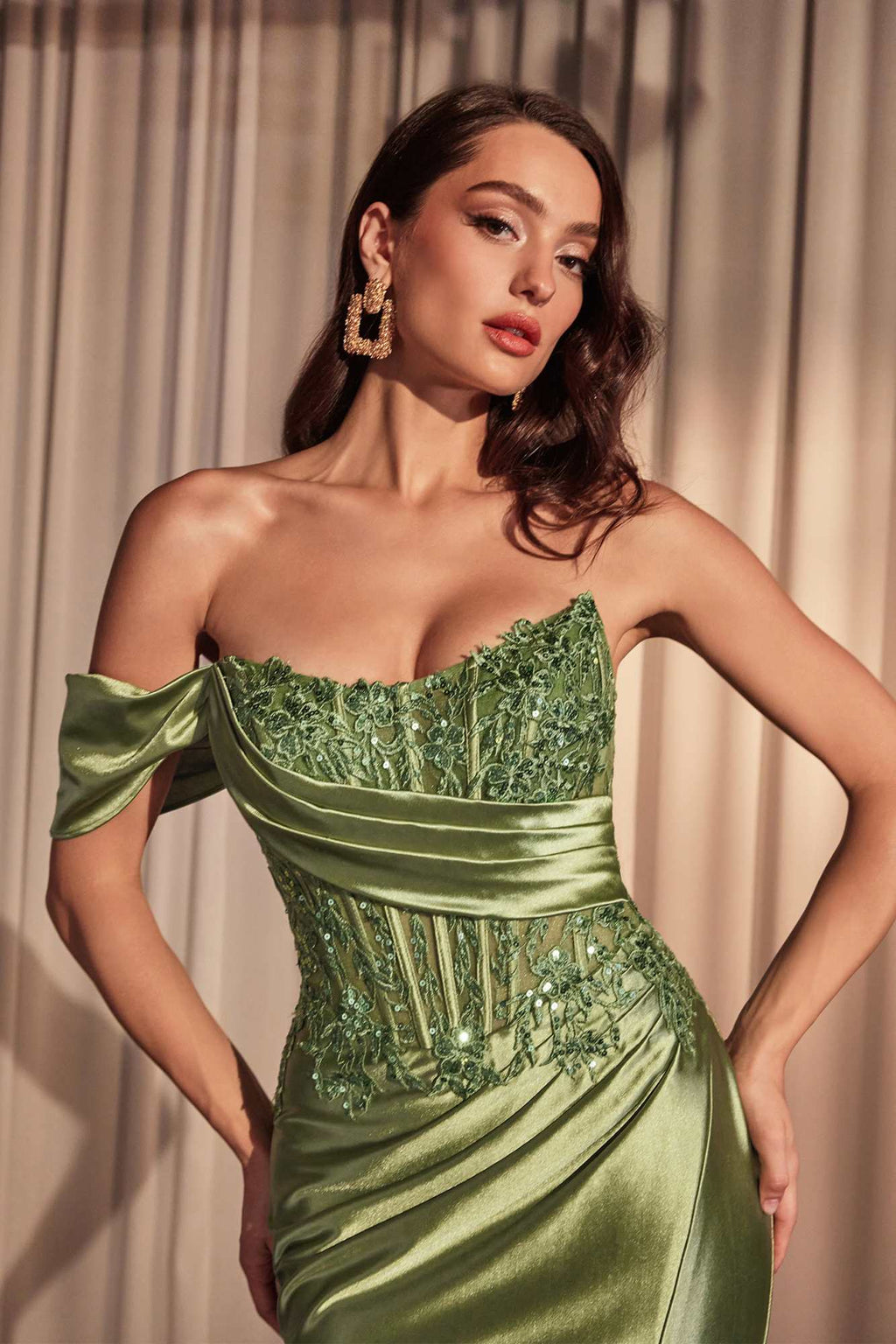 Ladivine CD804 Off Shoulder Lace & Satin Fit & Flare Prom Gown - Luzilly Bridal & Apparel