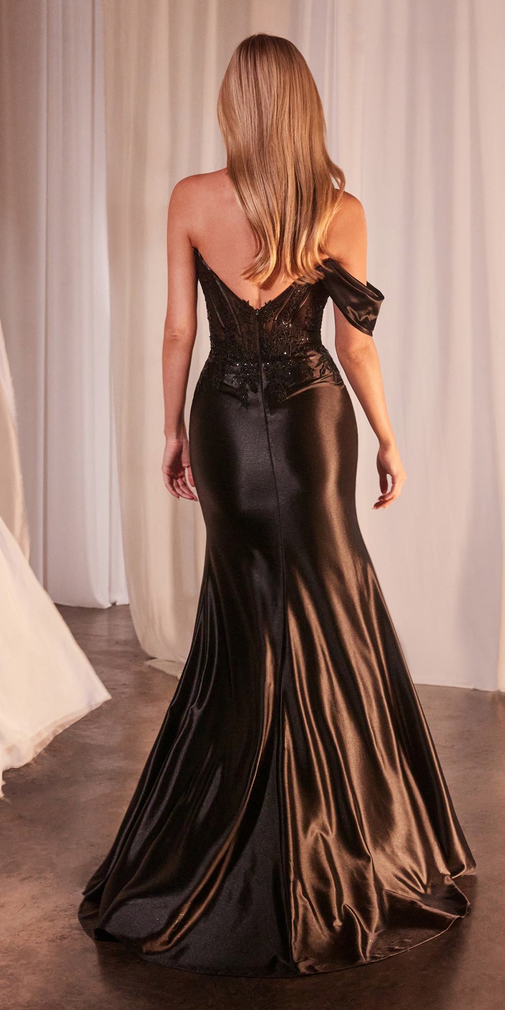 Ladivine CD804 Off Shoulder Lace & Satin Fit & Flare Prom Gown - Luzilly Bridal & Apparel