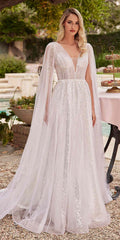 Ladivine CD852W Timeless A-Line Layered Tulle Long Sleeve Drape Wedding Gown - Luzilly Bridal & Apparel