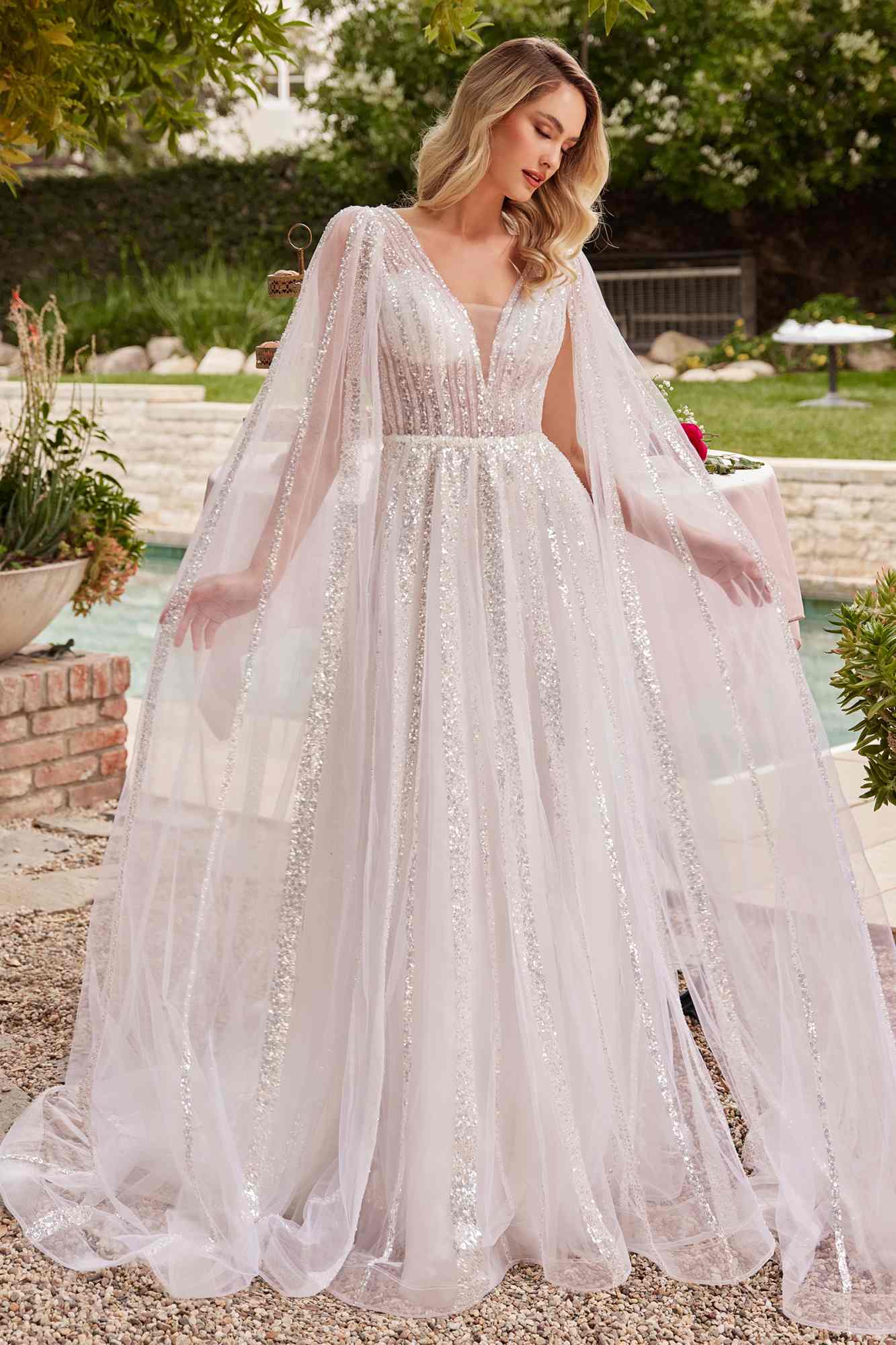Ladivine CD852W Timeless A-Line Layered Tulle Long Sleeve Drape Wedding Gown - Luzilly Bridal & Apparel
