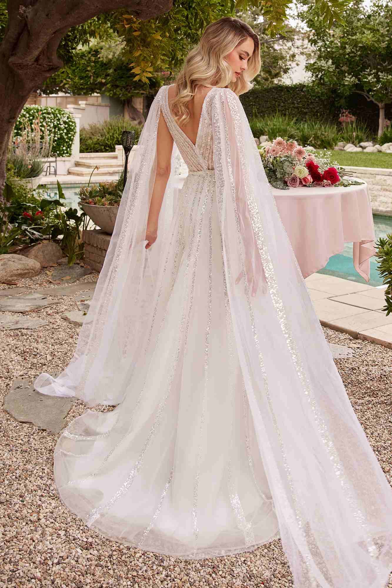 Ladivine CD852W Timeless A-Line Layered Tulle Long Sleeve Drape Wedding Gown - Luzilly Bridal & Apparel