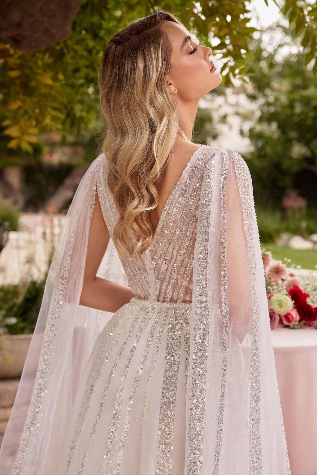 Ladivine CD852W Timeless A-Line Layered Tulle Long Sleeve Drape Wedding Gown - Luzilly Bridal & Apparel