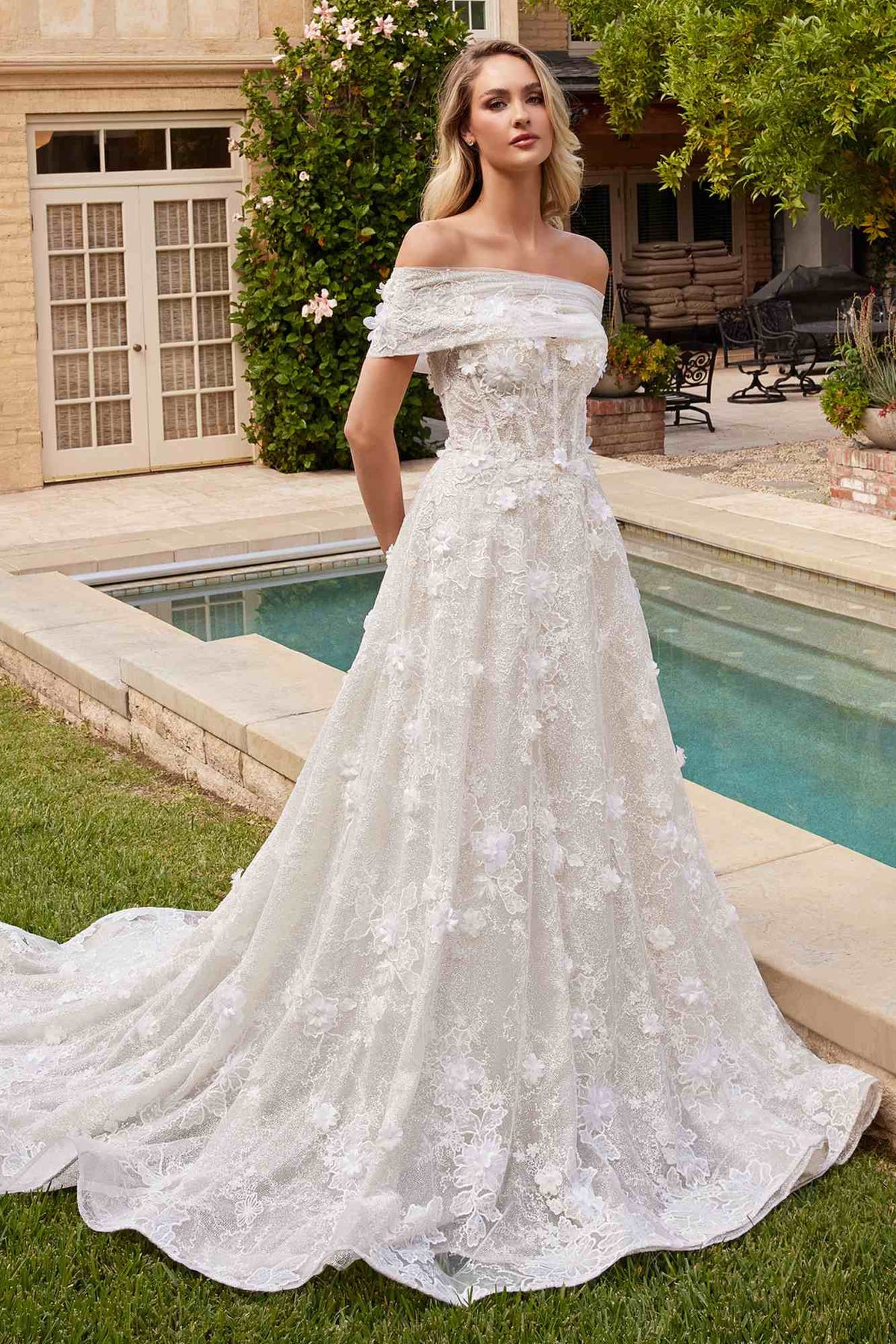 Ladivine CD860W Long Chapel Train Strapless A-Line Bridal Gown Removable Shawl - Luzilly Bridal & Apparel