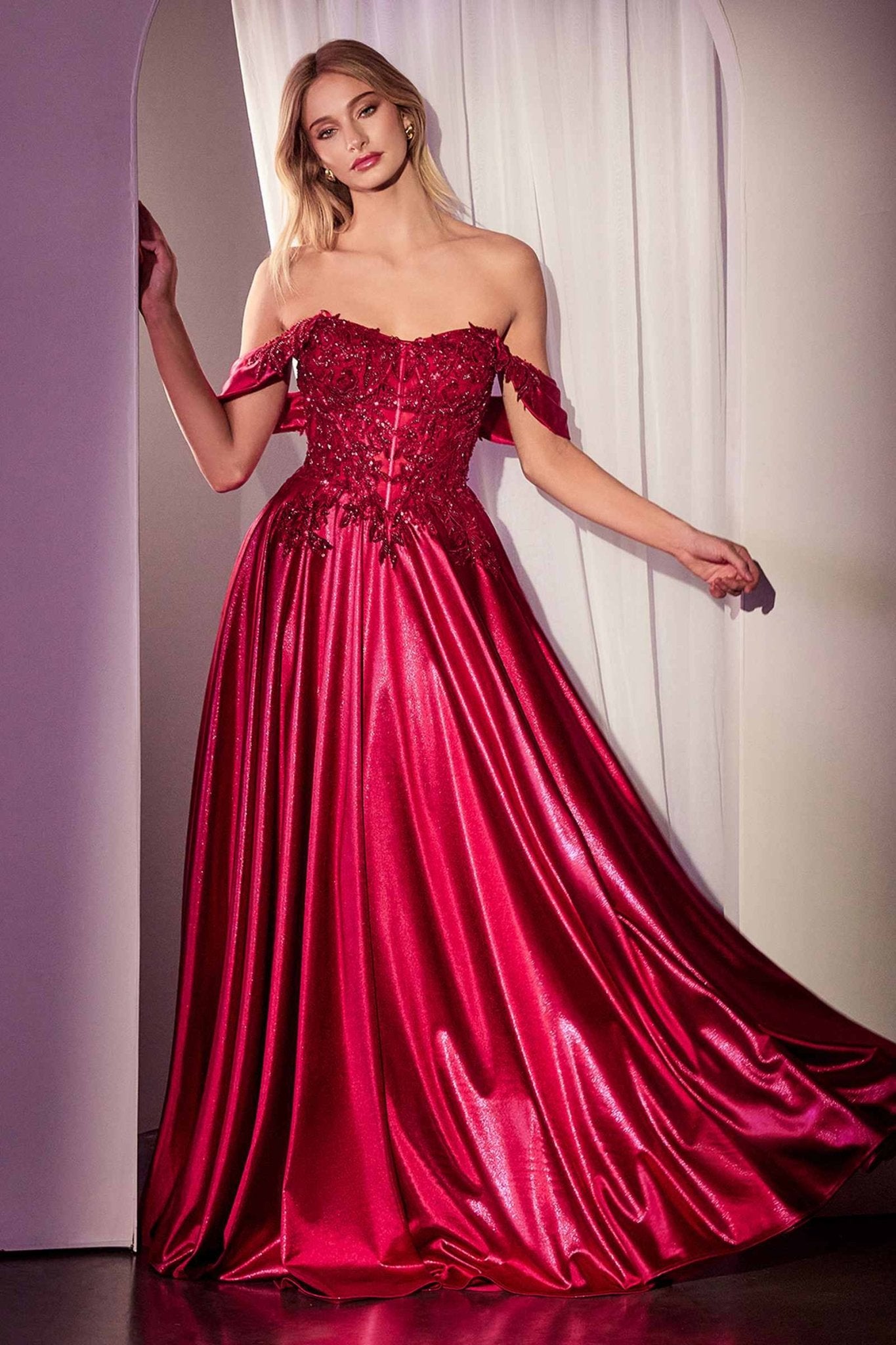 Ladivine CDS525 Dress Off The Shoulder Lace & Satin A-Line Prom Gown - Luzilly Bridal & Apparel