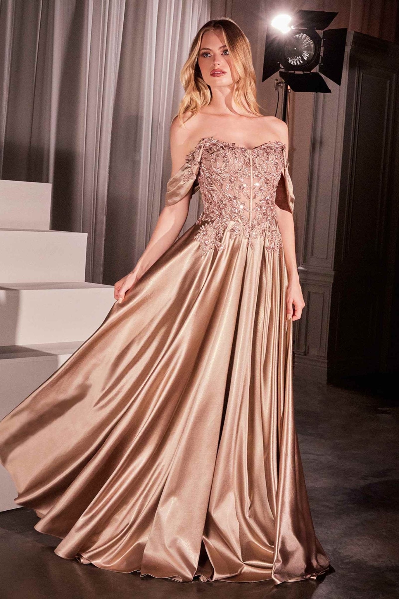 Ladivine CDS525 Dress Off The Shoulder Lace & Satin A-Line Prom Gown - Luzilly Bridal & Apparel