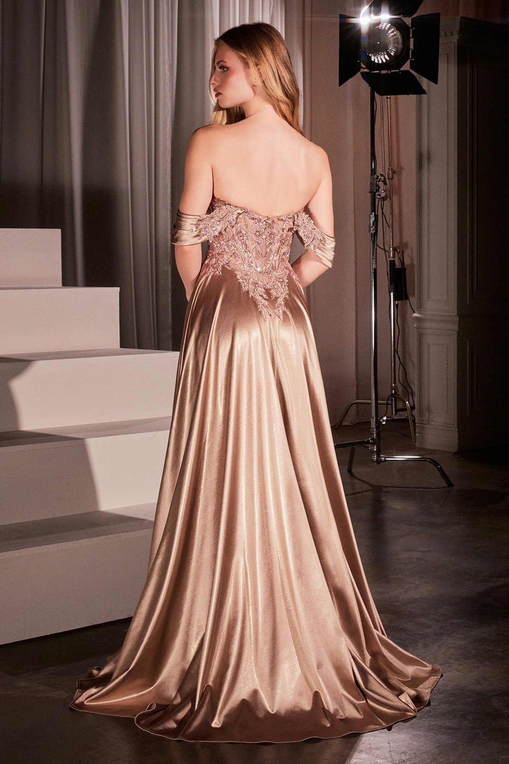 Ladivine CDS525 Dress Off The Shoulder Lace & Satin A-Line Prom Gown - Luzilly Bridal & Apparel