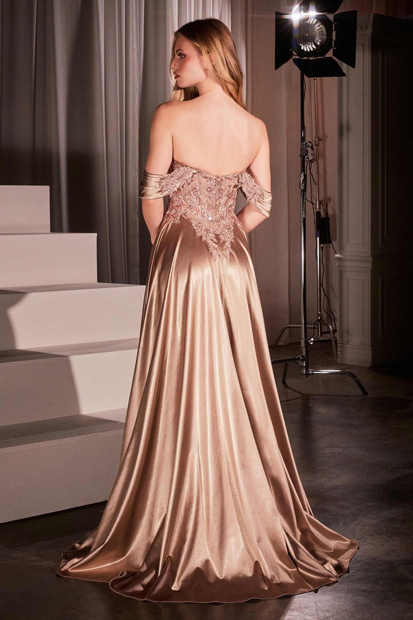 Ladivine CDS525 Dress Off The Shoulder Lace & Satin A-Line Prom Gown - Luzilly Bridal & Apparel