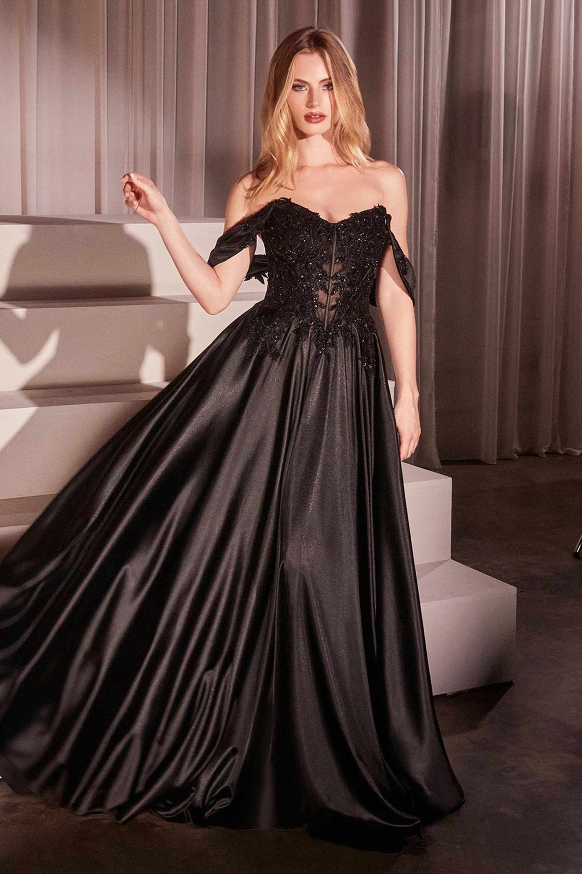 Ladivine CDS525 Dress Off The Shoulder Lace & Satin A-Line Prom Gown - Luzilly Bridal & Apparel