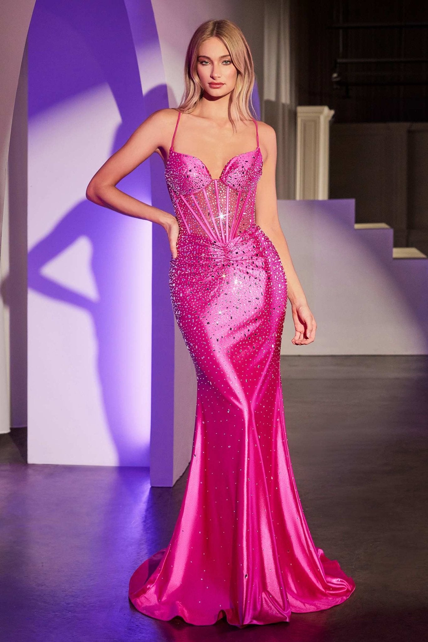 Ladivine CDS527 Dress Fitted Crystal Embellished Stretch Satin Prom Gown - Luzilly Bridal & Apparel