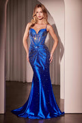 Ladivine CDS527 Dress Fitted Crystal Embellished Stretch Satin Prom Gown - Luzilly Bridal & Apparel