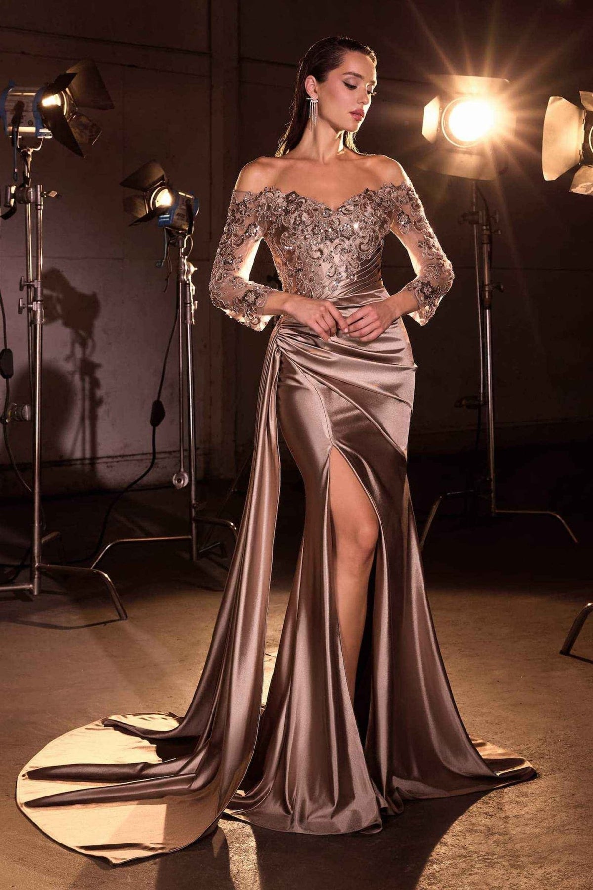 Ladivine CDS549 Mother of the Bride Fitted Gown Off Shoulder - Luzilly Bridal & Apparel
