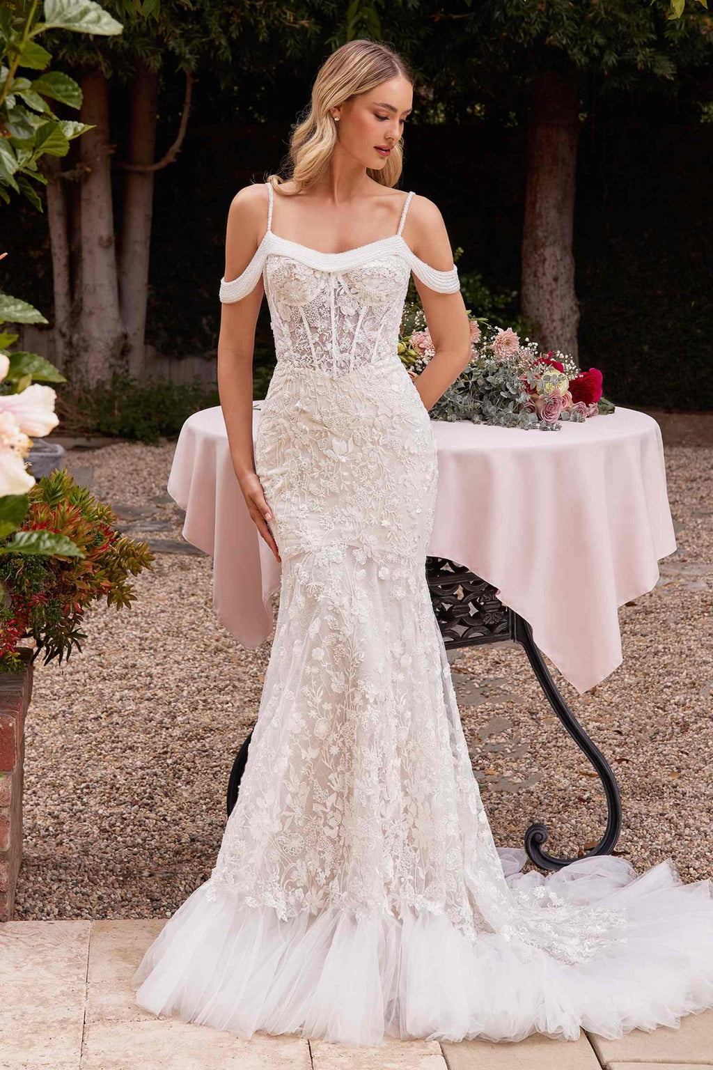 Ladivine CK703W Off The Shoulder Fitted Lace Bridal Gown - Luzilly Bridal & Apparel