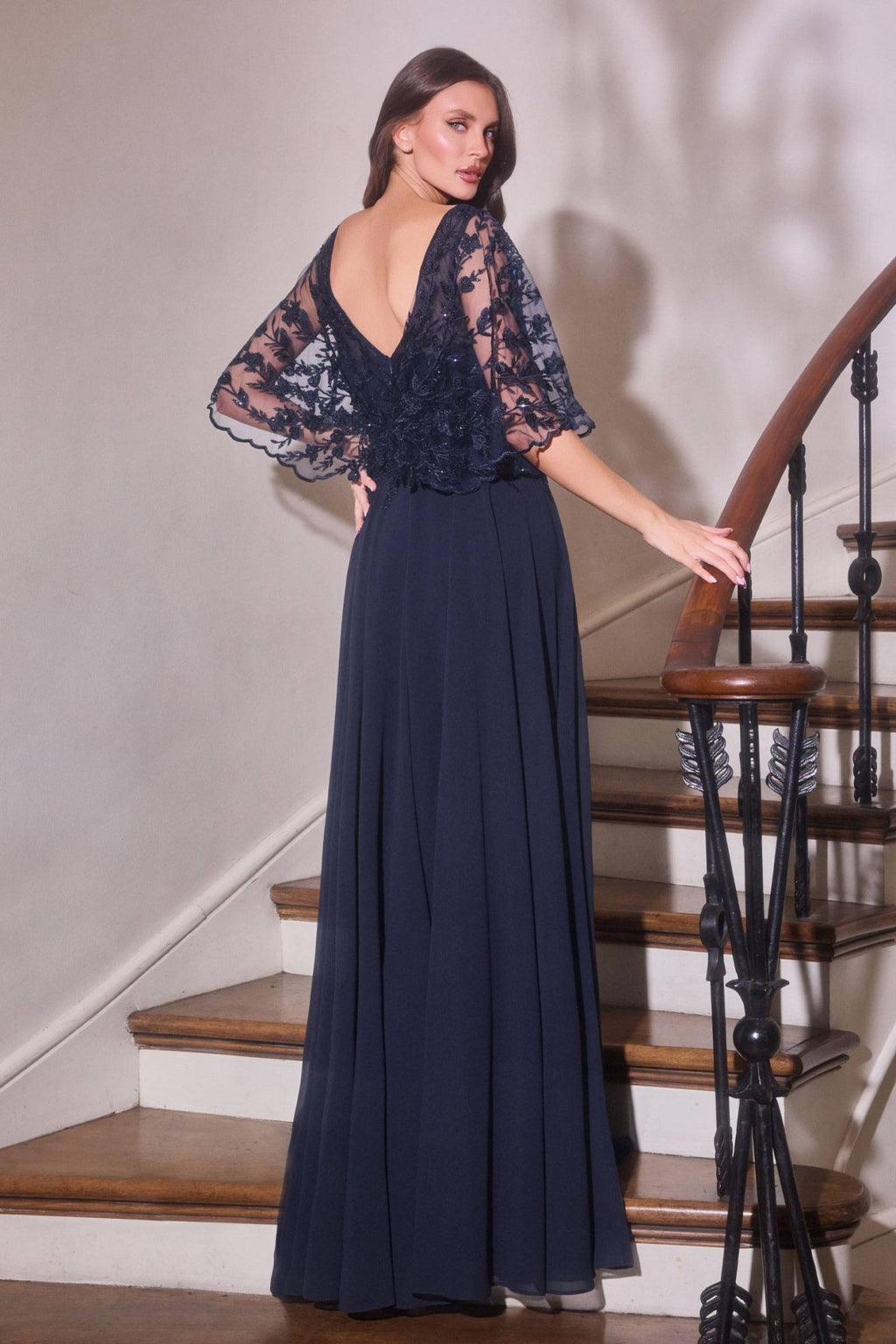 Ladivine CL10 Mother of the Bride V-Neckline Lace Bodice A-Line Gown - Luzilly Bridal & Apparel