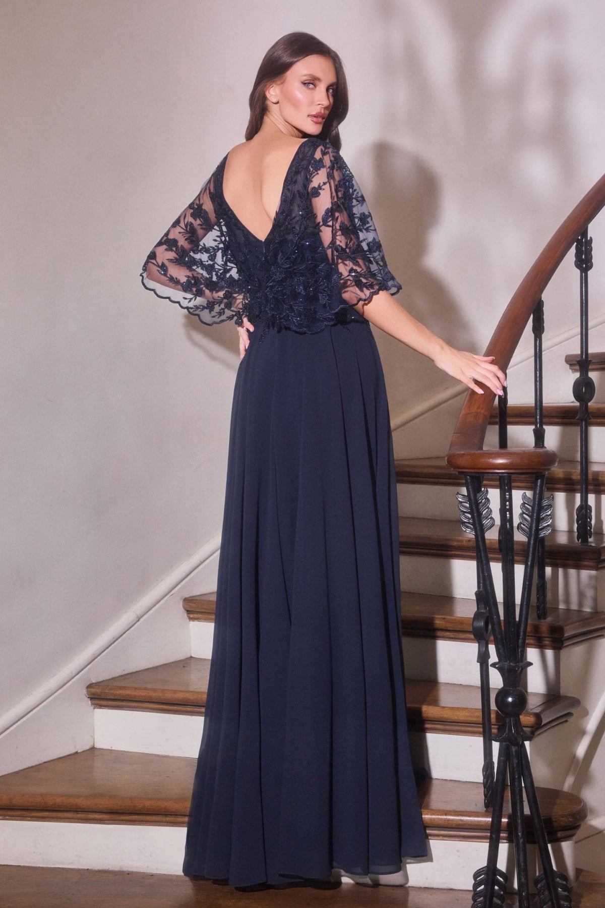 Ladivine CL10 Mother of the Bride V-Neckline Lace Bodice A-Line Gown - Luzilly Bridal & Apparel