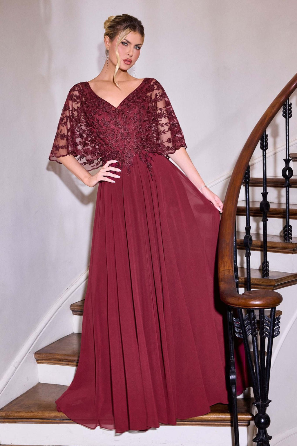 Ladivine CL10 Mother of the Bride V-Neckline Lace Bodice A-Line Gown - Luzilly Bridal & Apparel