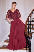 Ladivine CL10 Mother of the Bride V-Neckline Lace Bodice A-Line Gown - Luzilly Bridal & Apparel