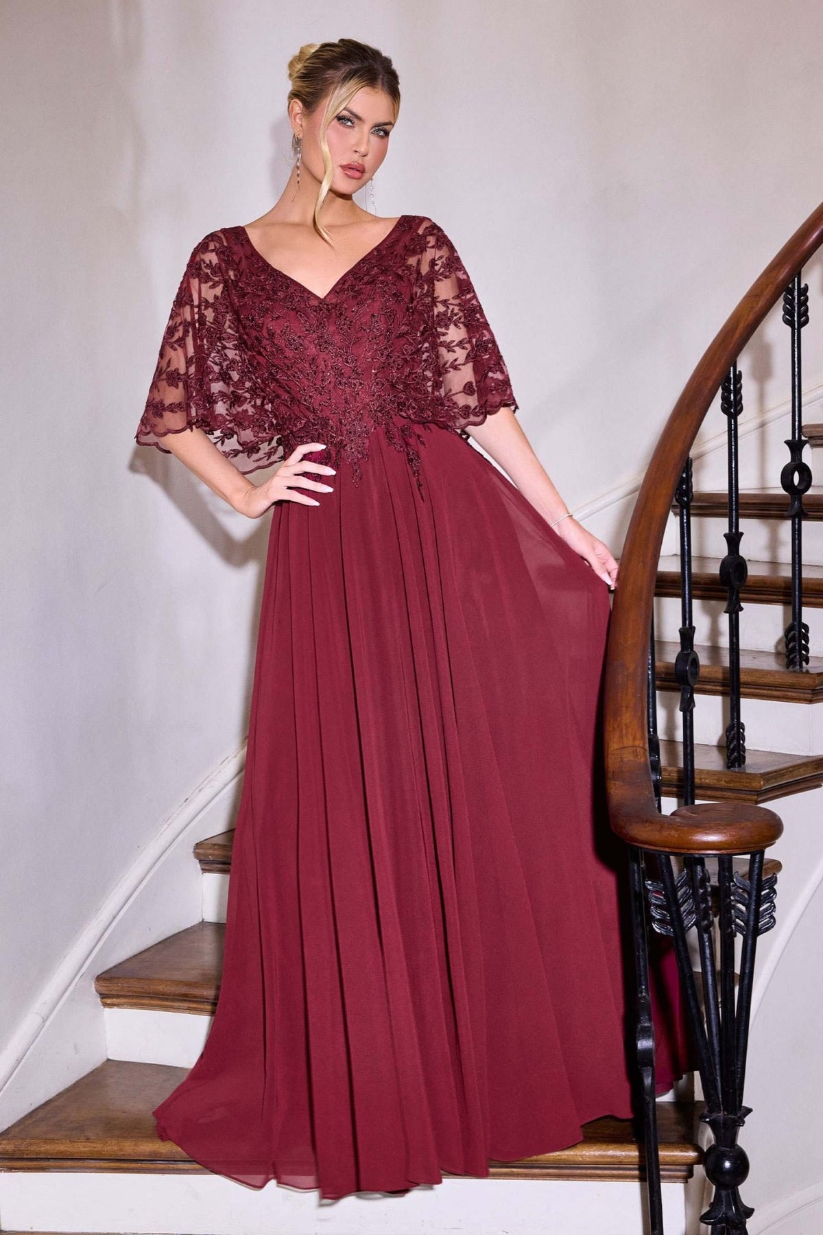 Ladivine CL10 Mother of the Bride V-Neckline Lace Bodice A-Line Gown - Luzilly Bridal & Apparel